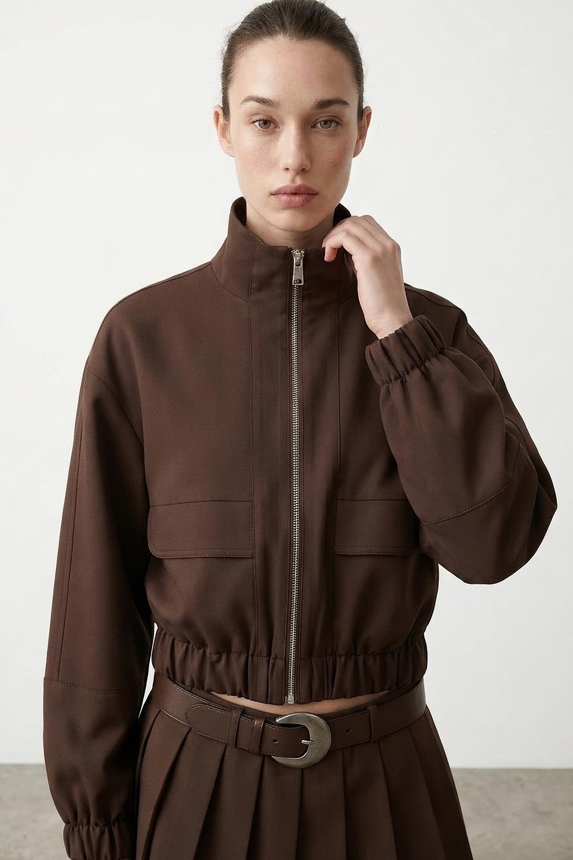 Dik Yaka Beli Lastikli Fermuarlı Ceket QZ01805