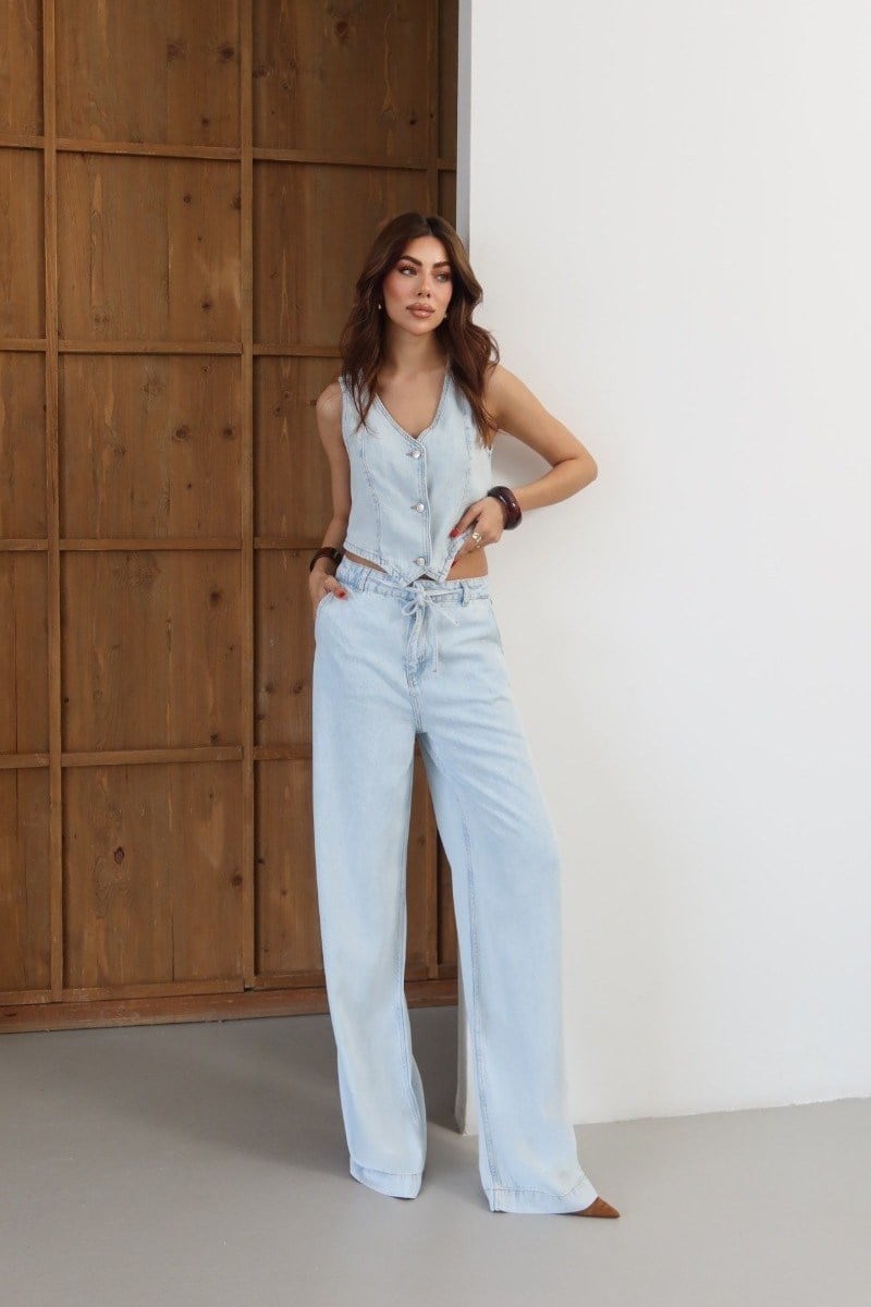 V Yaka Yelek Beli İpli Jean Pantolon Takım LC8288