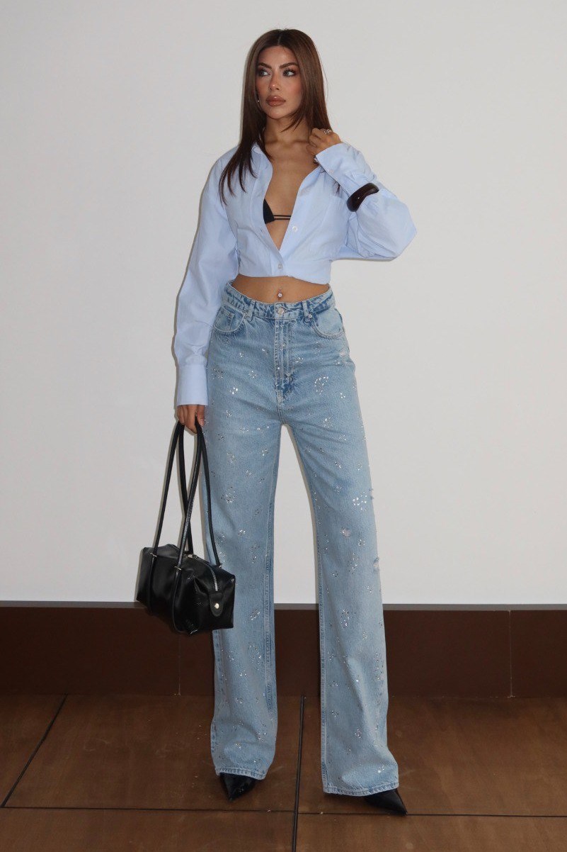 Yüksek Bel Taş İşlemeli Wide Leg Jean LC8188