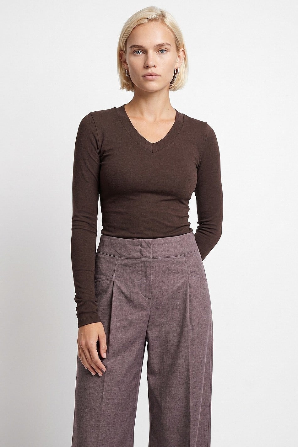 Bra-Free Uzun Kollu V Yaka Top DL33286