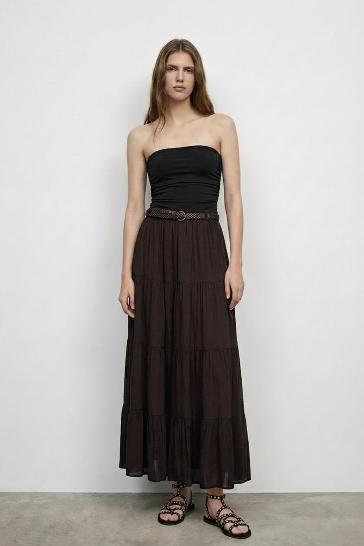 Örgü Kemer Detaylı Dökümlü Midi Etek QZ01609