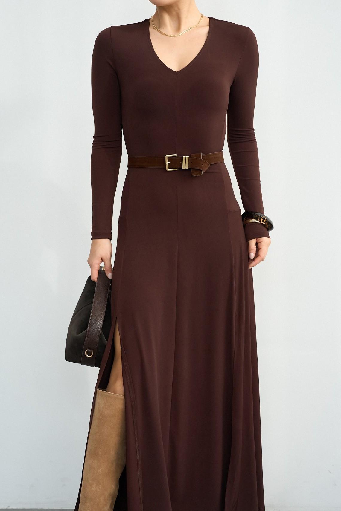 V Yaka Uzun Kollu Yırtmaçlı Elbise QS261009