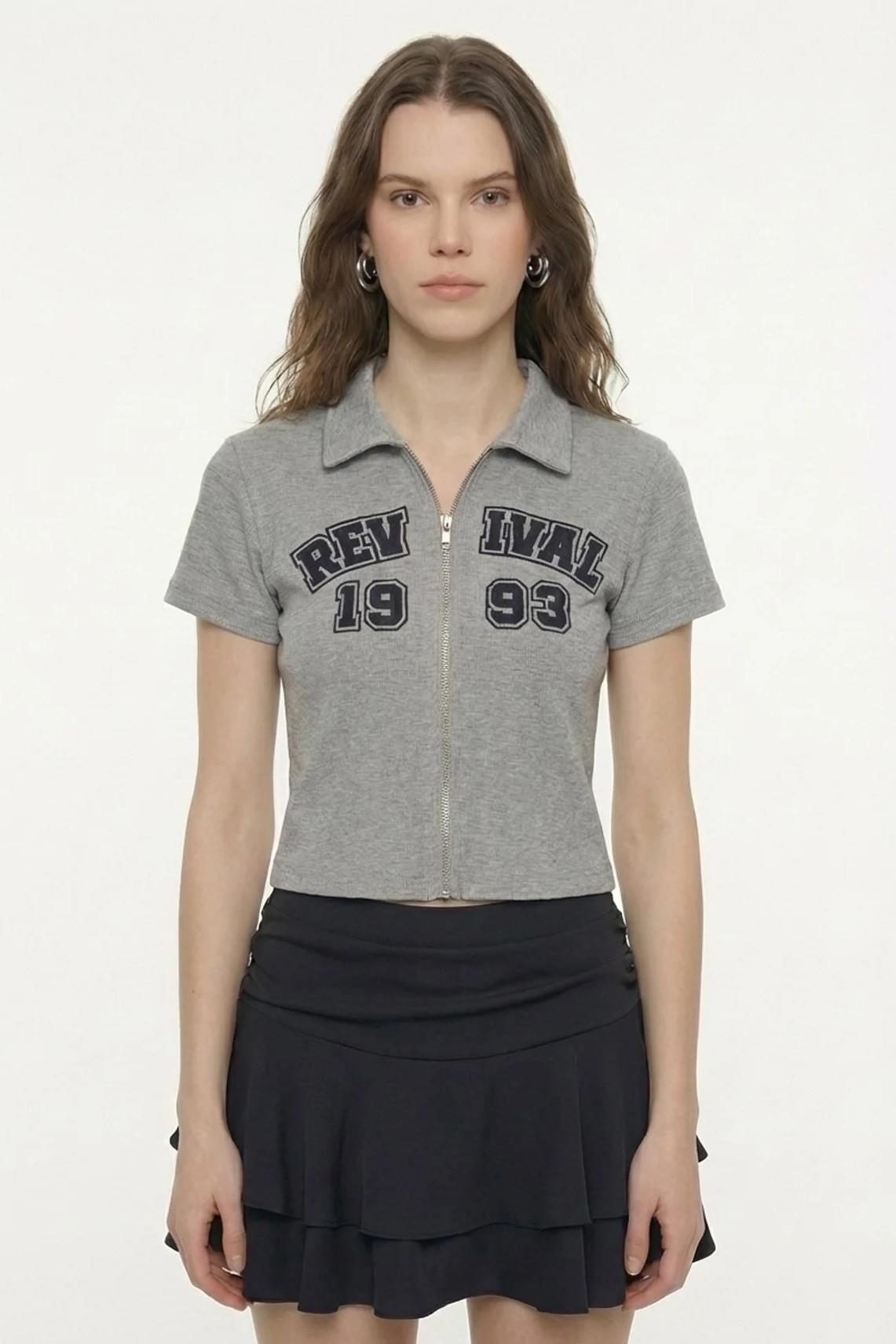 Fermuar Detaylı Kısa Kollu Baskılı T-shirt QZ01513