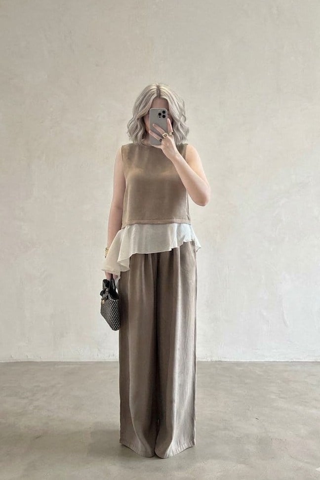 Asimetrik Kesim Garnili Bluz Pantolon Takım PR51391