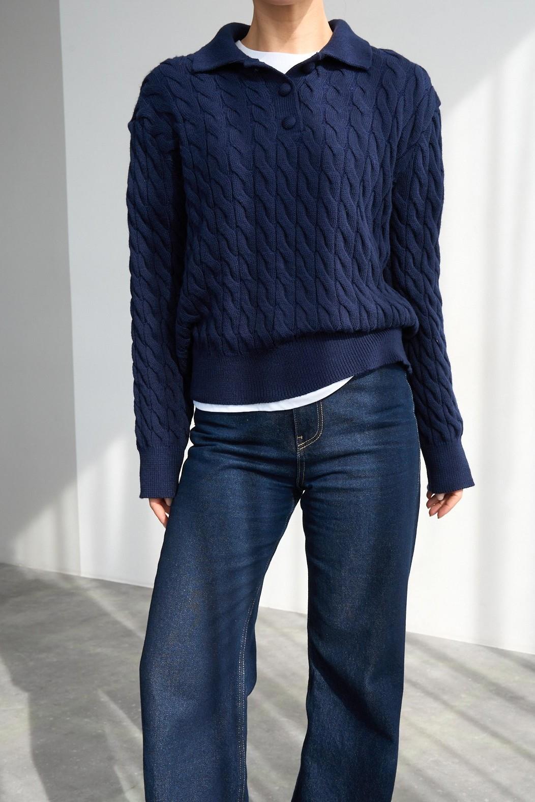 Saç Örgülü Düğme Detaylı Yakalı Kazak QS251120