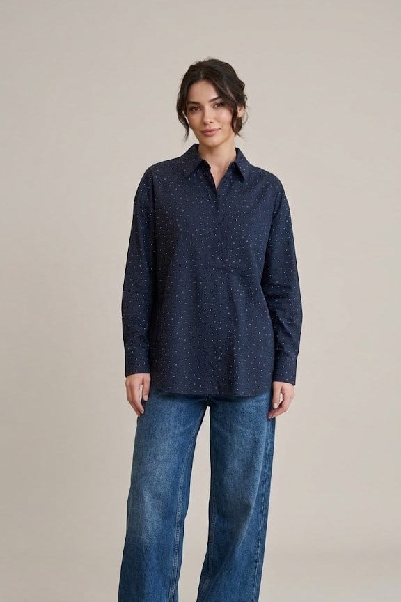 Dağınık Taş İşlemeli Uzun Kollu Gömlek CS2618126