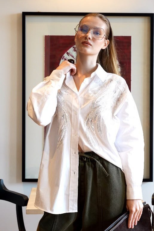 Payet ve İnci İşlemeli Poplin Oversize Gömlek PR5143