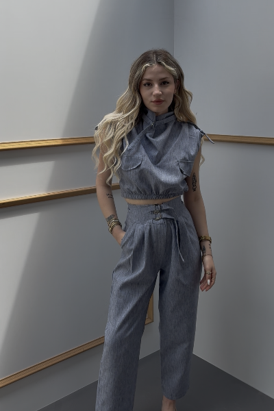 Toka Detaylı Crop Pantolon Takım QZ02135