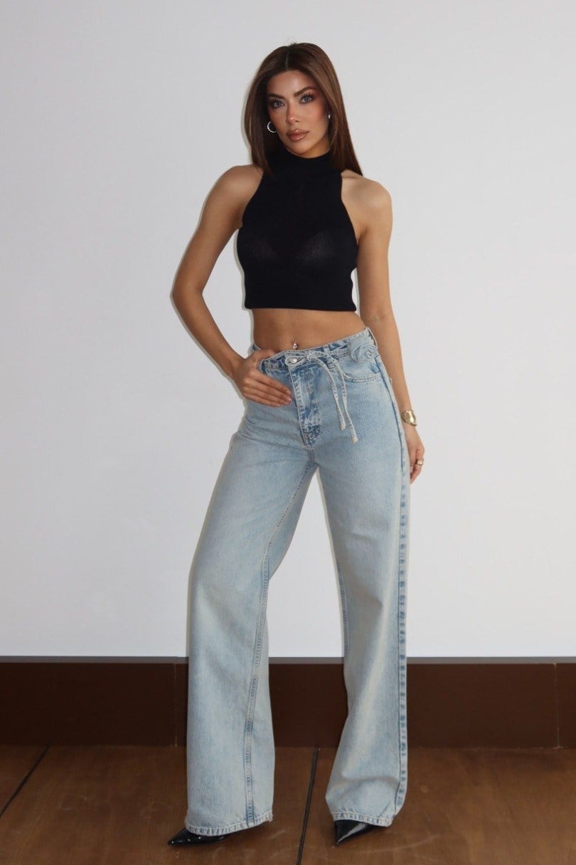 Gül Detaylı Kuşaklı Yüksek Bel Jean LC8025