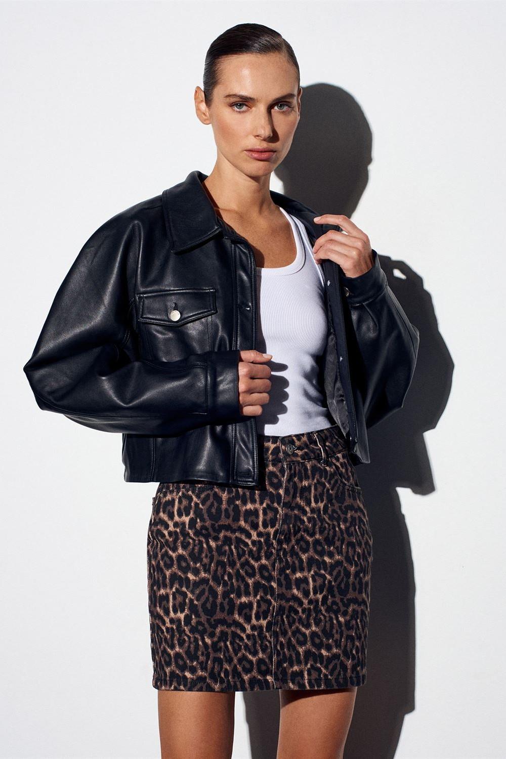 Leopar Baskılı Mini Jean Etek DL80591