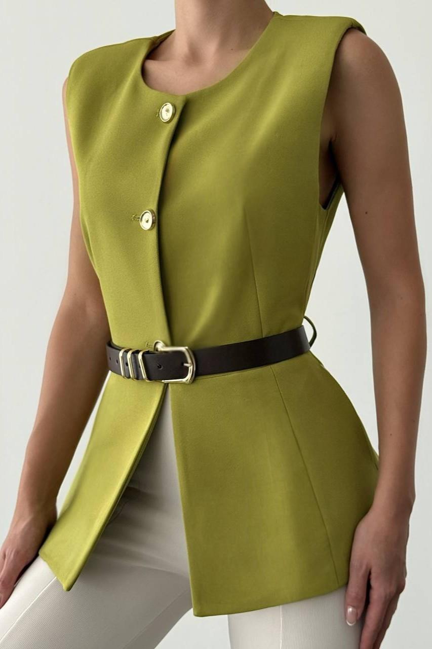 Bisiklet Yaka Gold Düğmeli Kemerli Yelek QZ00163