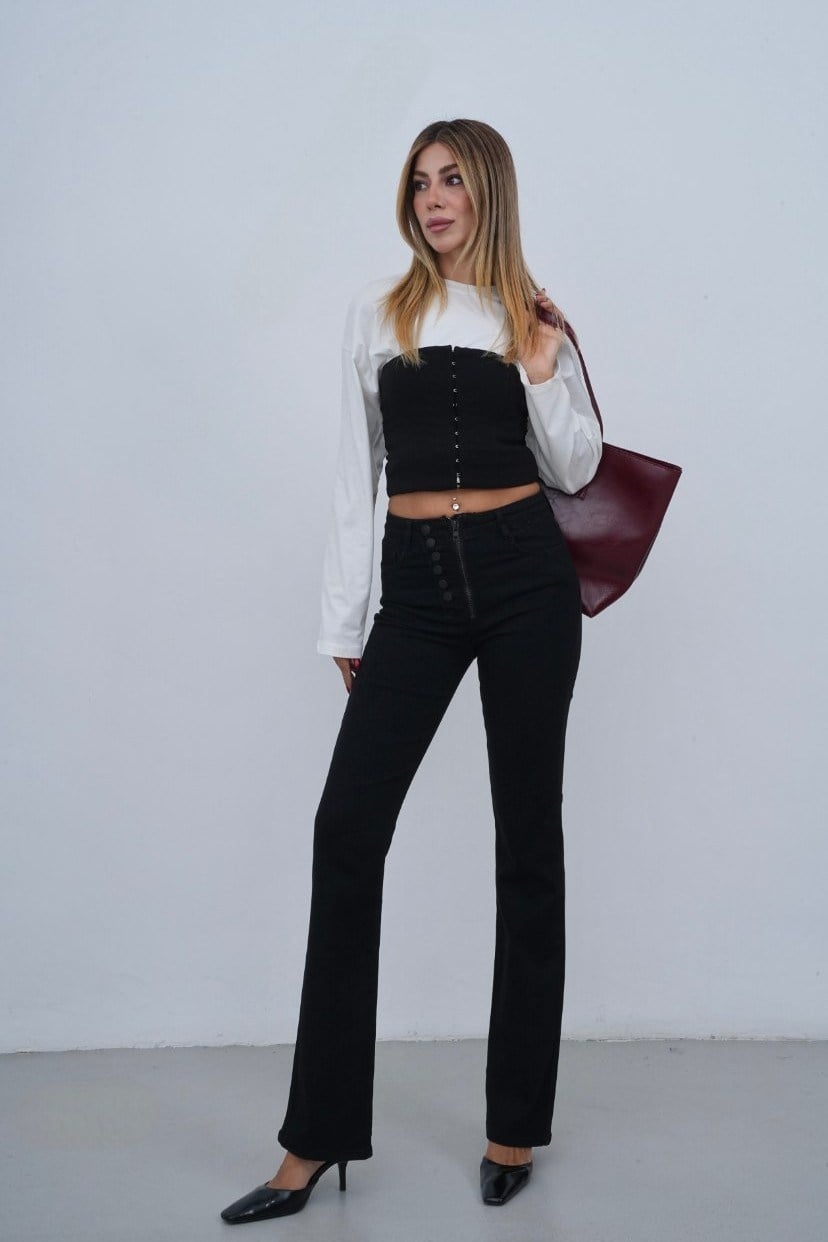 Fermuar Düğme Detaylı Bootcut Flare Jean LC8415