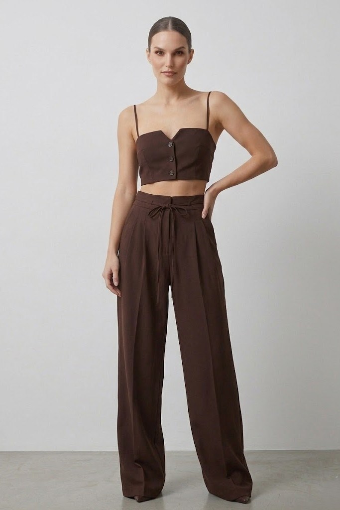 Düğmeli Crop Yelek Pileli Dökümlü Pantolon Takım DL60614