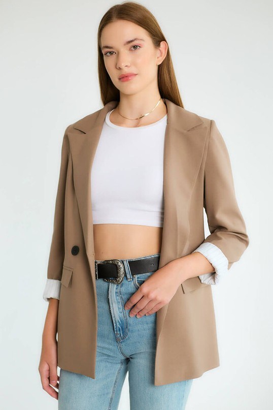 Kapaklı Cepli İç Astarı İnce Çizgili Blazer Ceket RB88644