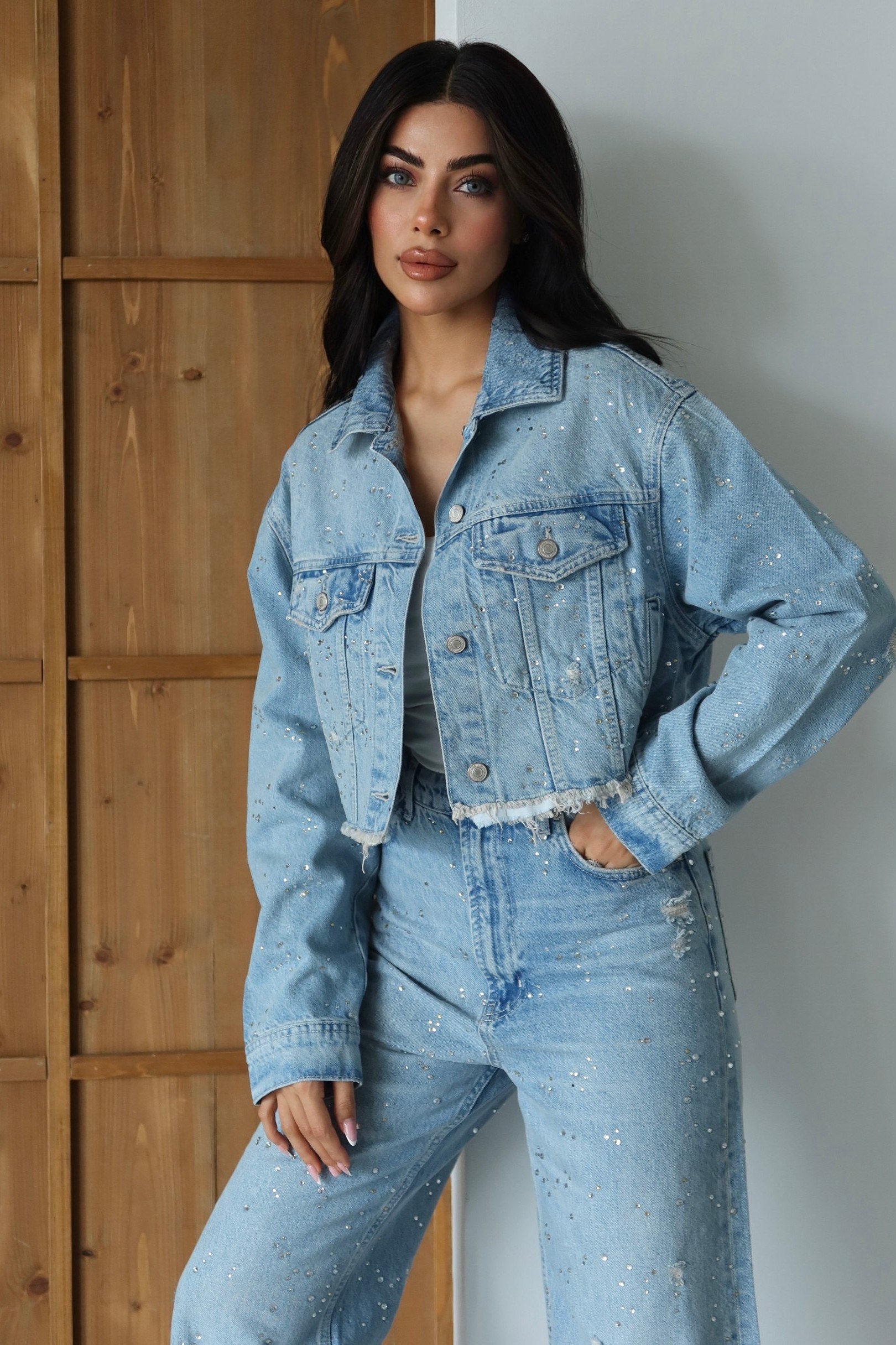 Taş İşlemeli Crop Jean Ceket LC8878