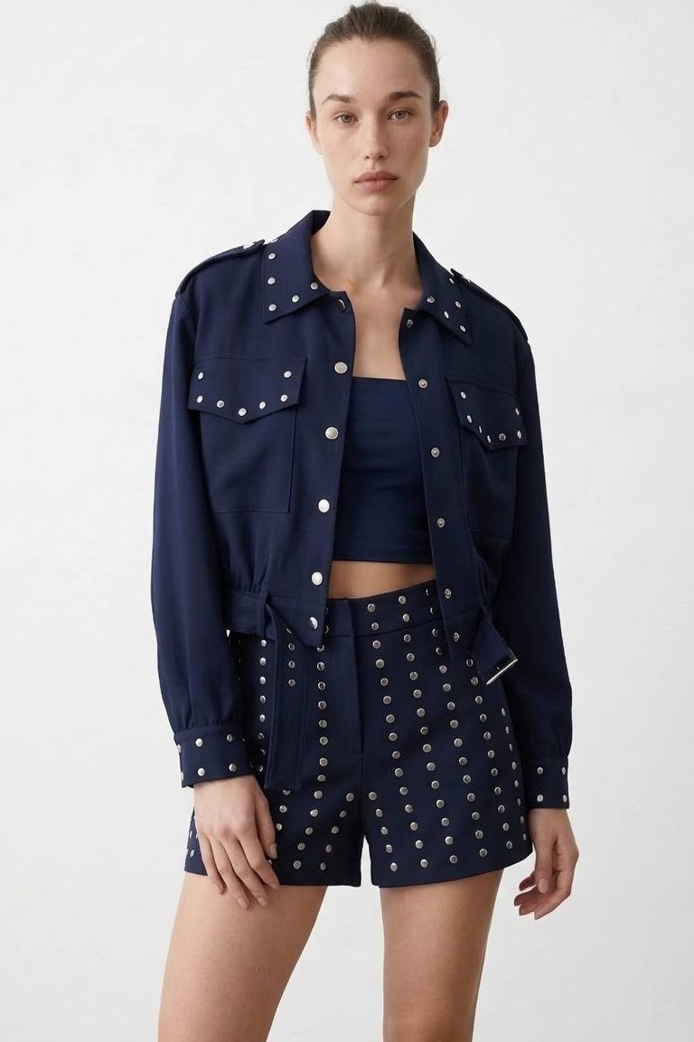 Zımba Detaylı Crop Ceket Şort Takım QZ01812