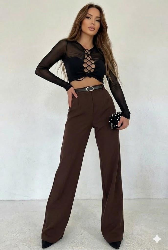 Yüksek Bel Önü Pileli Palazzo Kumaş Pantolon MM9011