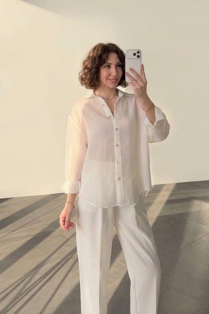 Kendinden Çizgili Oversize Gömlek PR5016