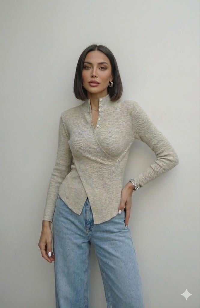 Belden Düğmeli Asimetrik Kesim Triko QS251027