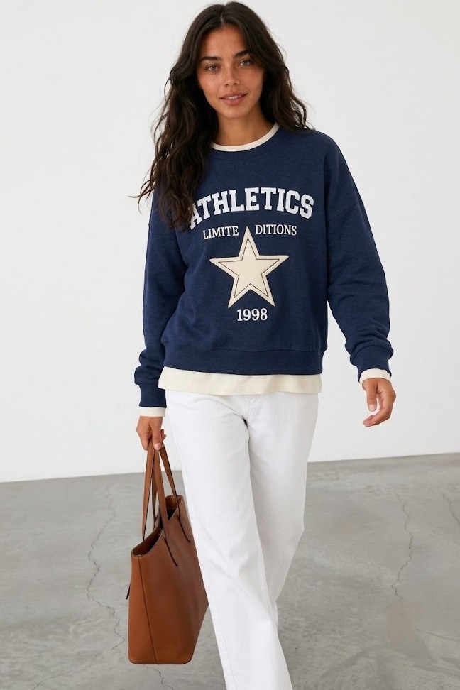 Baskı Detaylı T-shirt Görünümlü Sweatshirt QZ02552