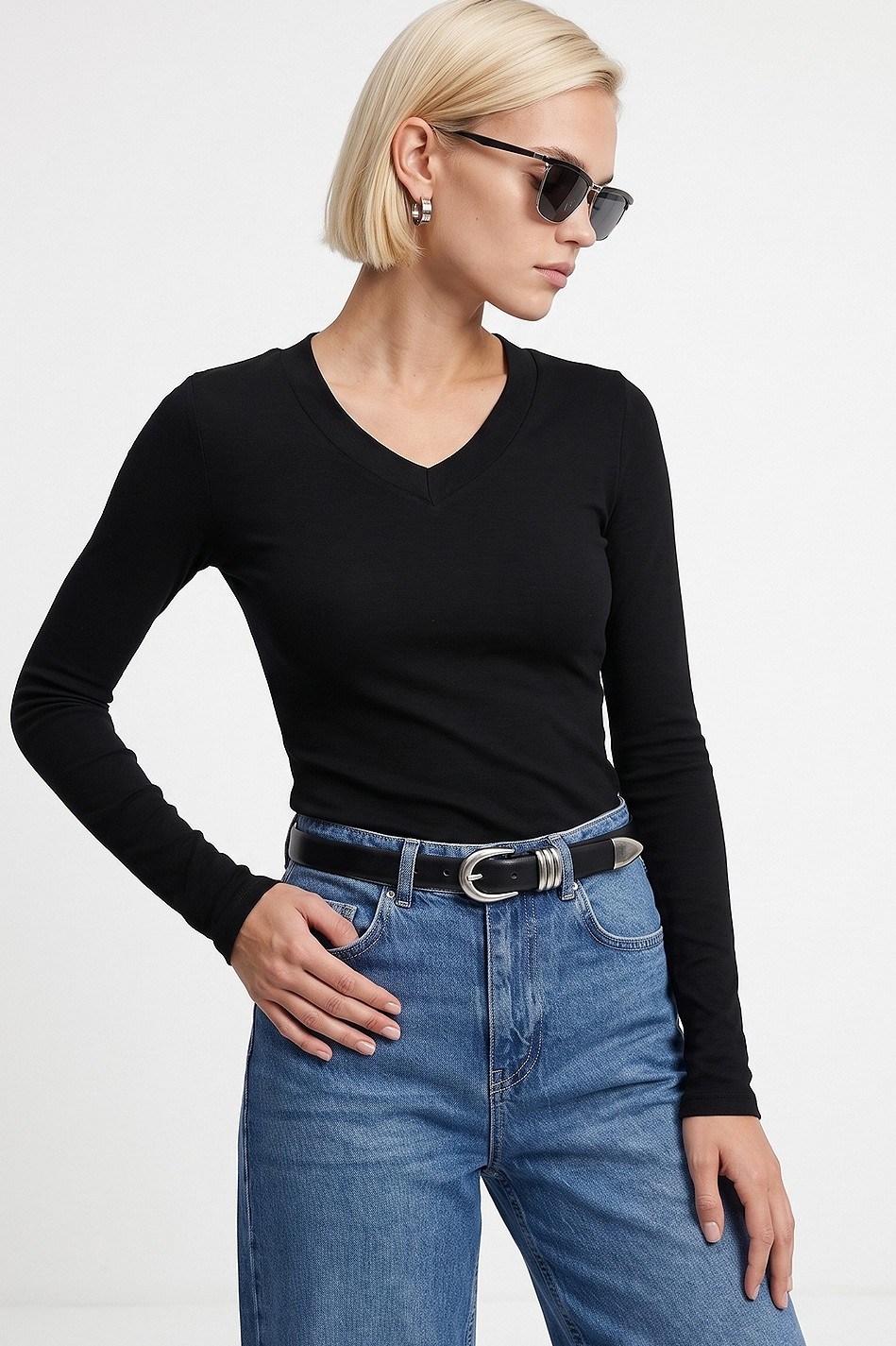 Bra-Free Uzun Kollu V Yaka Top DL33286