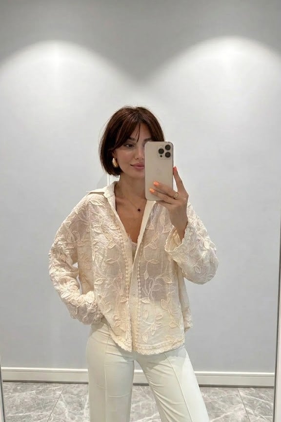 Kabartma Desen İşleme Detaylı Oversize Gömlek RB39719