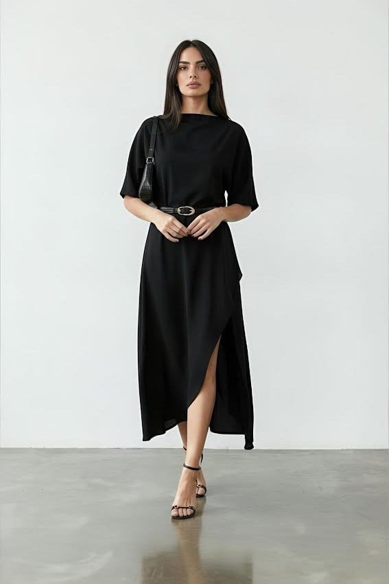 Kemer Detaylı Asimetrik Kesim Volanlı Elbise MM1324