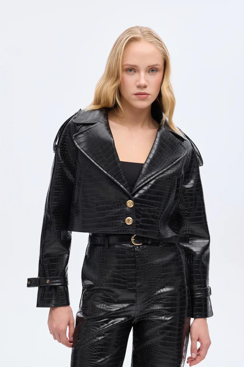 Krokodil Desenli Gold Düğmeli Crop Ceket QZ01267
