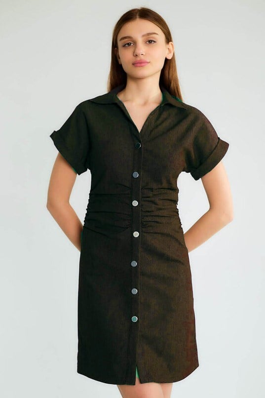 Düğme Detaylı Drapeli Mini Jean Elbise RB86239