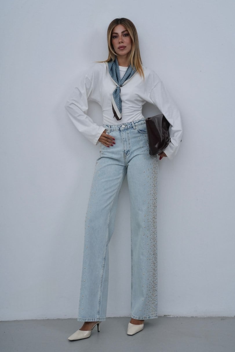 Yüksek Bel Metaş Taş Detaylı Wide Leg Jean LC8432