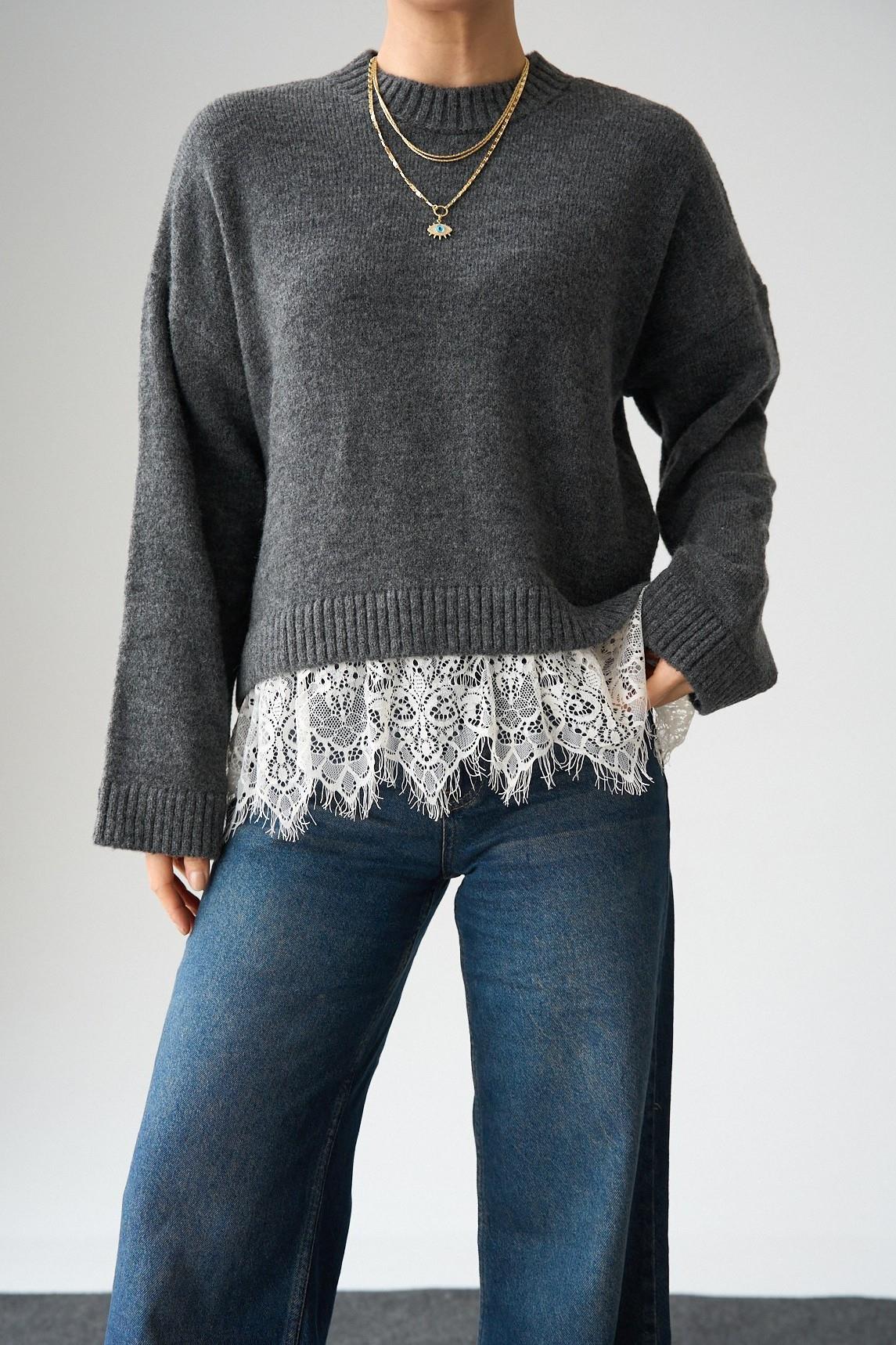 Dantel Detaylı Geniş Kol Triko Kazak QS261014