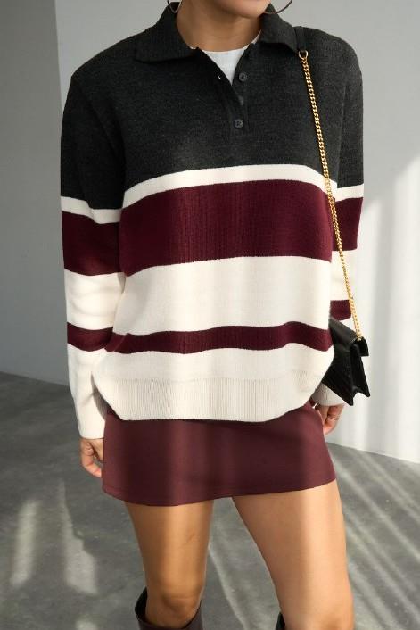 Yakası Düğmeli Polo Yaka Çizgili Kazak QS251125