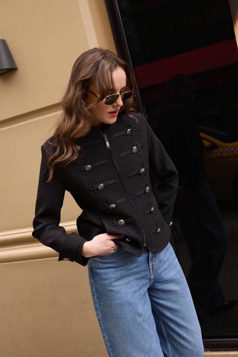 Metal Düğme Detaylı Napolyon Fermuarlı Ceket PR9729