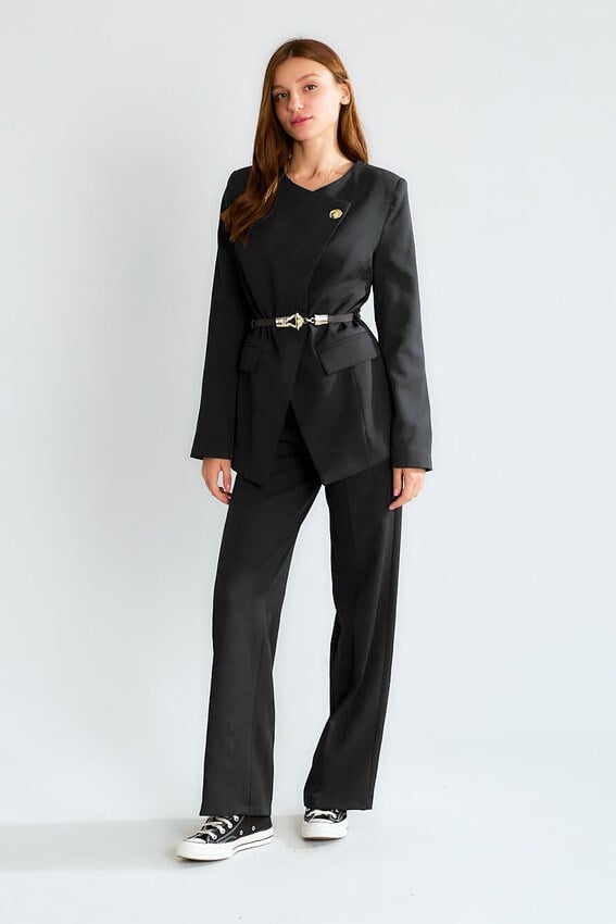 Düğmeli Asimetrik Kesim Kemerli Ceket Pantolon Takım RB80303