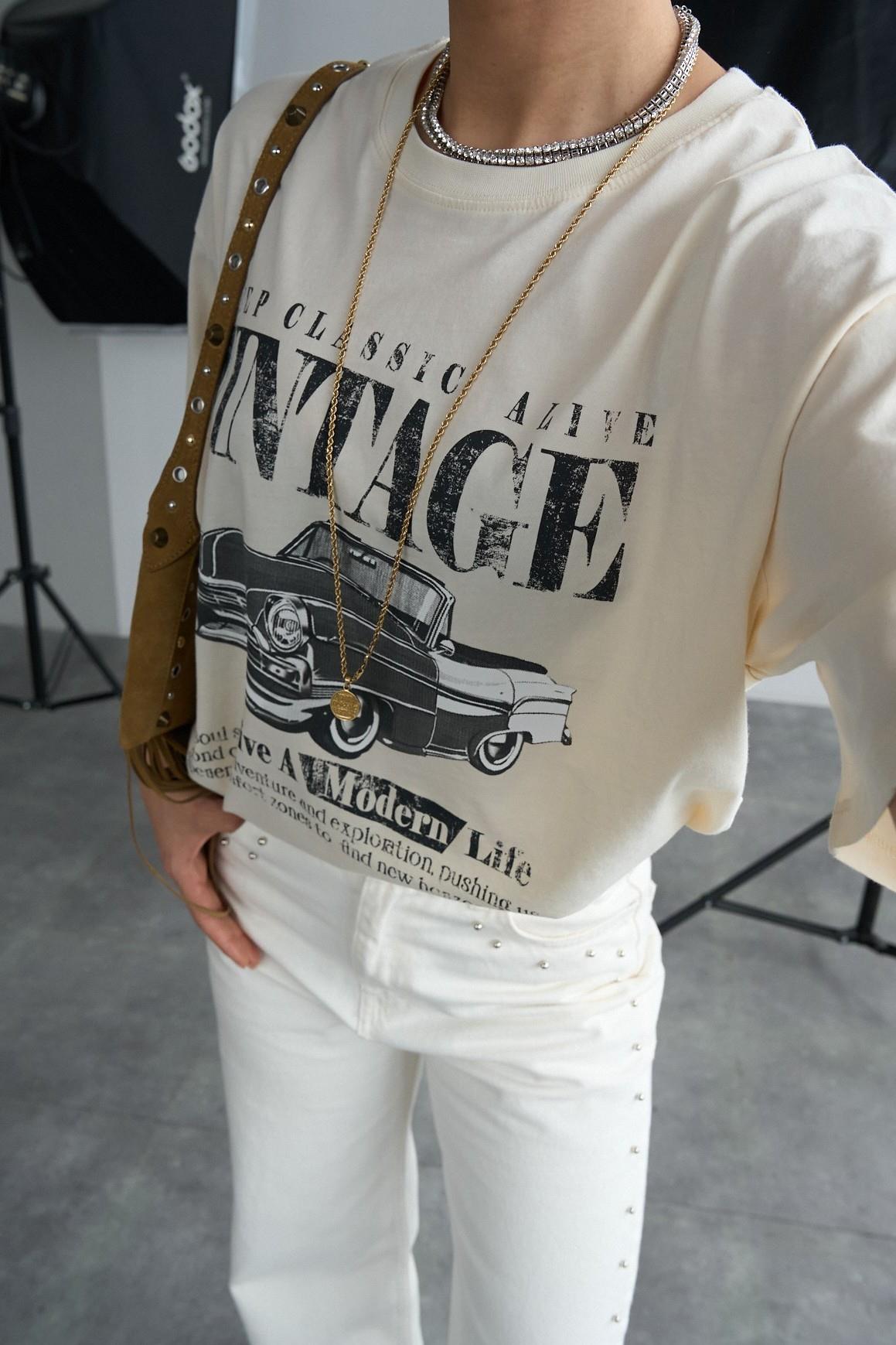 Araba Baskılı Vintage Yazı Detay Oversize T-shirt QS251061