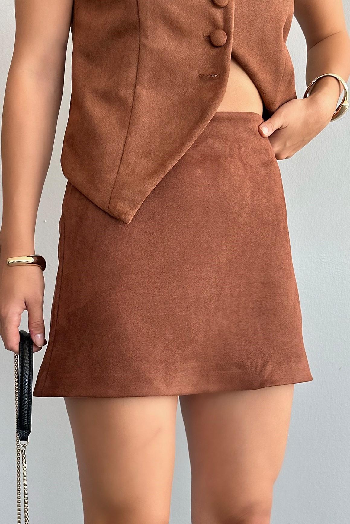 Arkası Fermuarlı Süet Mini Etek QS241044