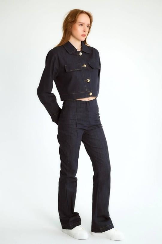 Gold Düğme Detaylı Jean Ceket Pantolon Takım RB80319