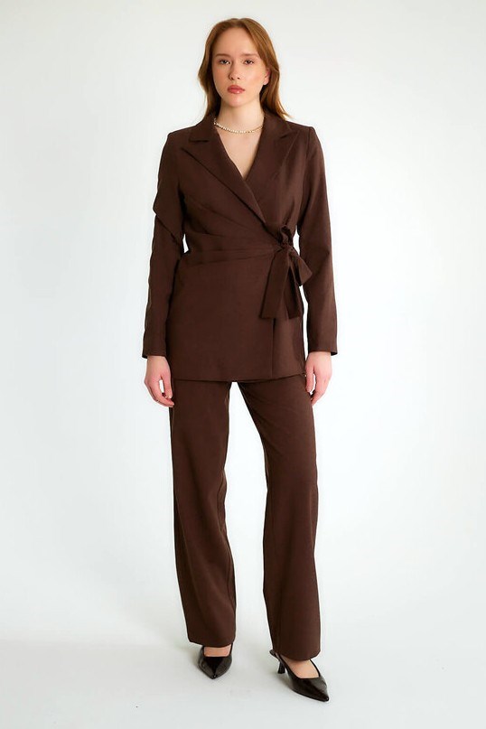 Drepe Detaylı Bağlamalı Ceket Pantolon Takım RB80312