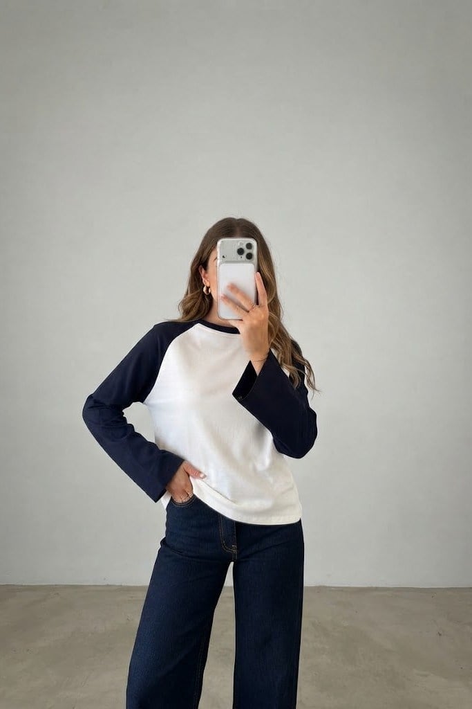 Çift Renk Bisiklet Yaka Uzun Kollu T-shirt QS261006