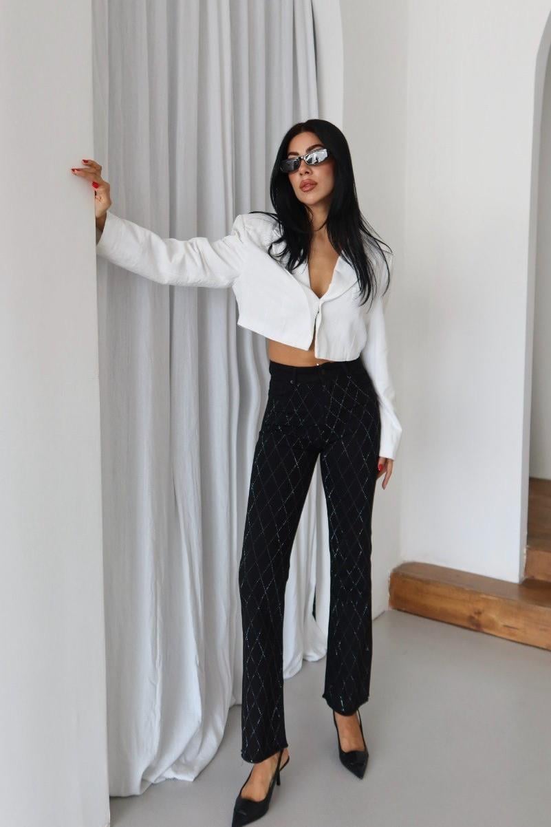 Baklava Desen Taşlı Mini Flare Jean LC7403B
