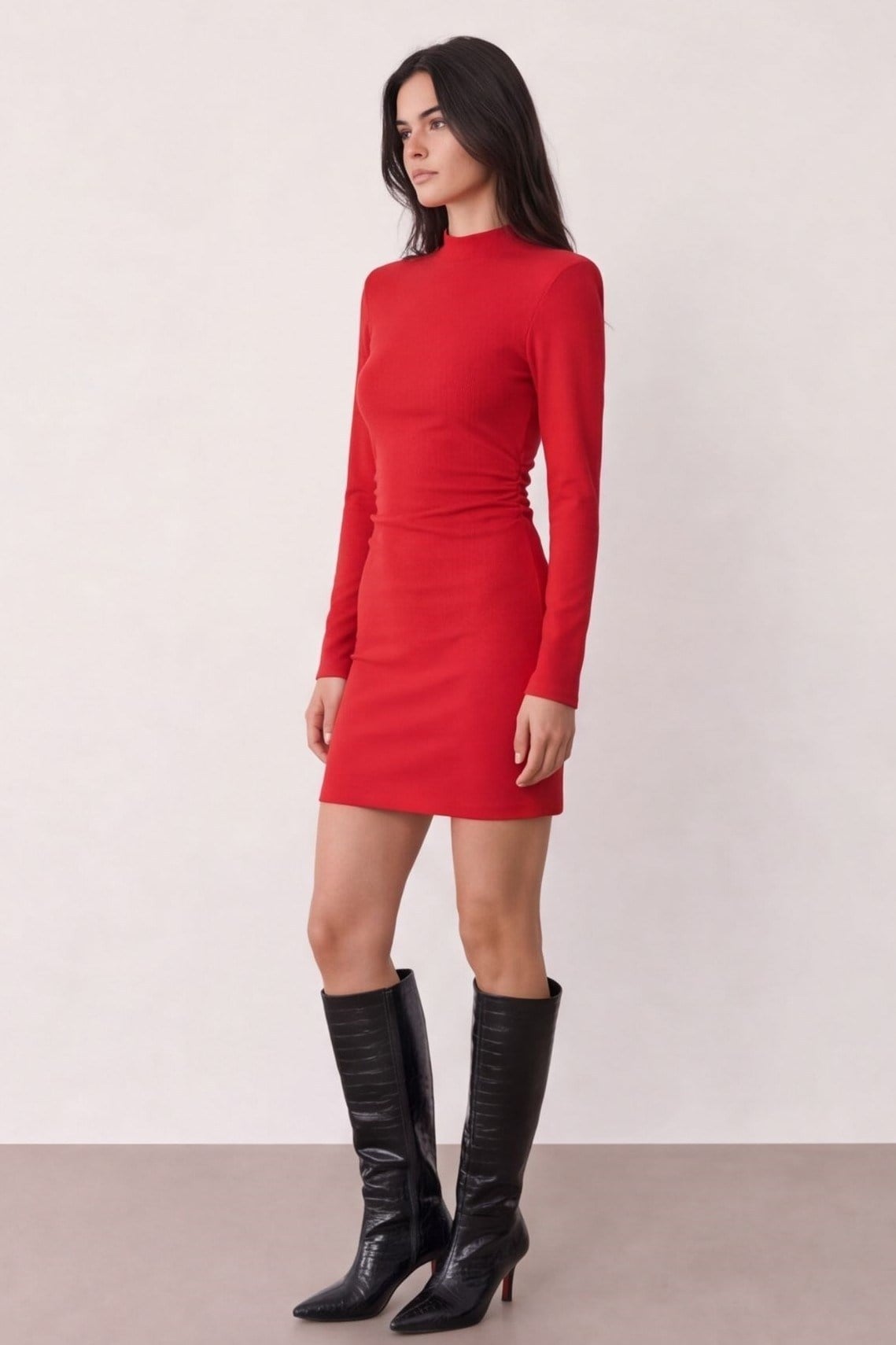 Dik Yaka Uzun Kollu Beli Lastikli Mini Elbise QZ02846