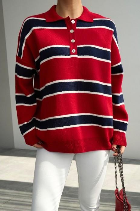 Polo Yaka Düğme Detaylı Şeritli Kazak QS251129