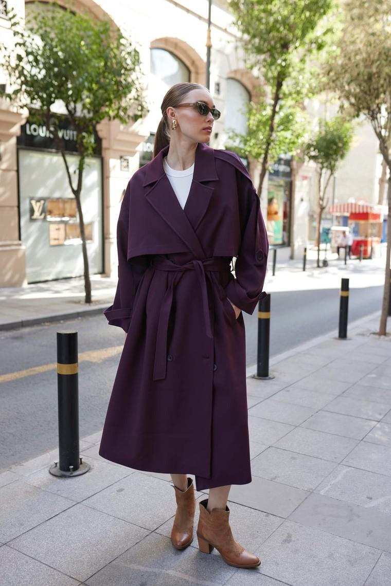 Beli Kuşaklı Oversize Midi Trençkot PR9476