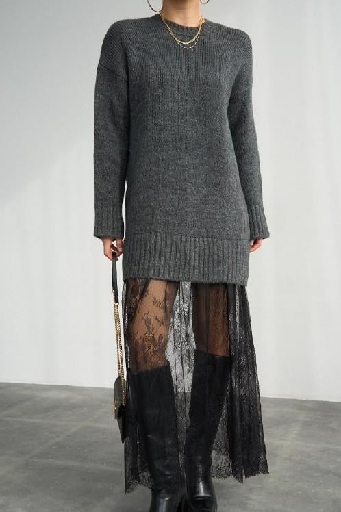 Etek Ucu Tül Triko Elbise QS251009