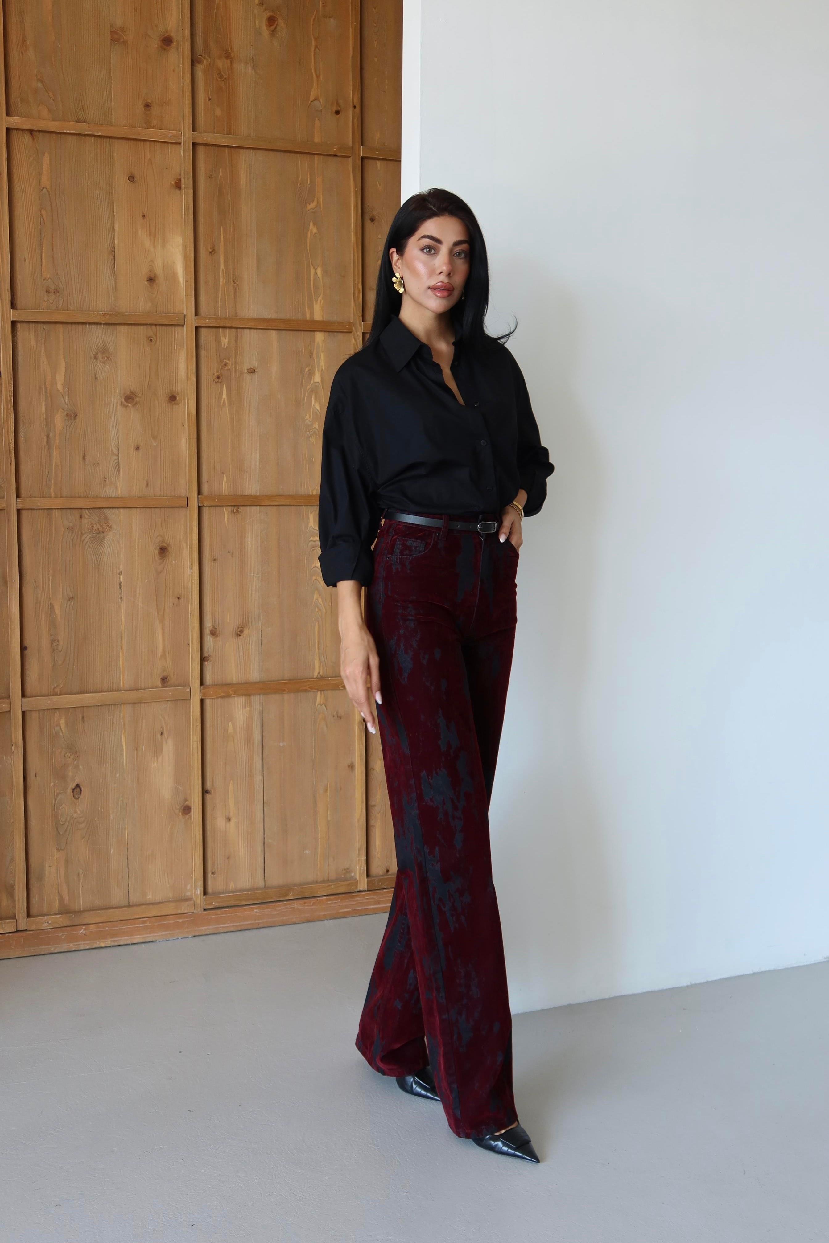 Kadife Baskılı Kemerli Wide Leg Jean LC8077