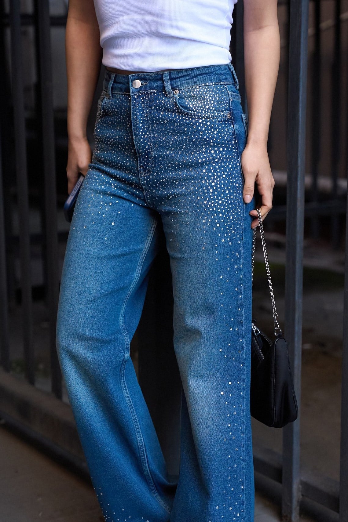 Beli ve Paçası Taşlı Wide Leg Jean QS261009