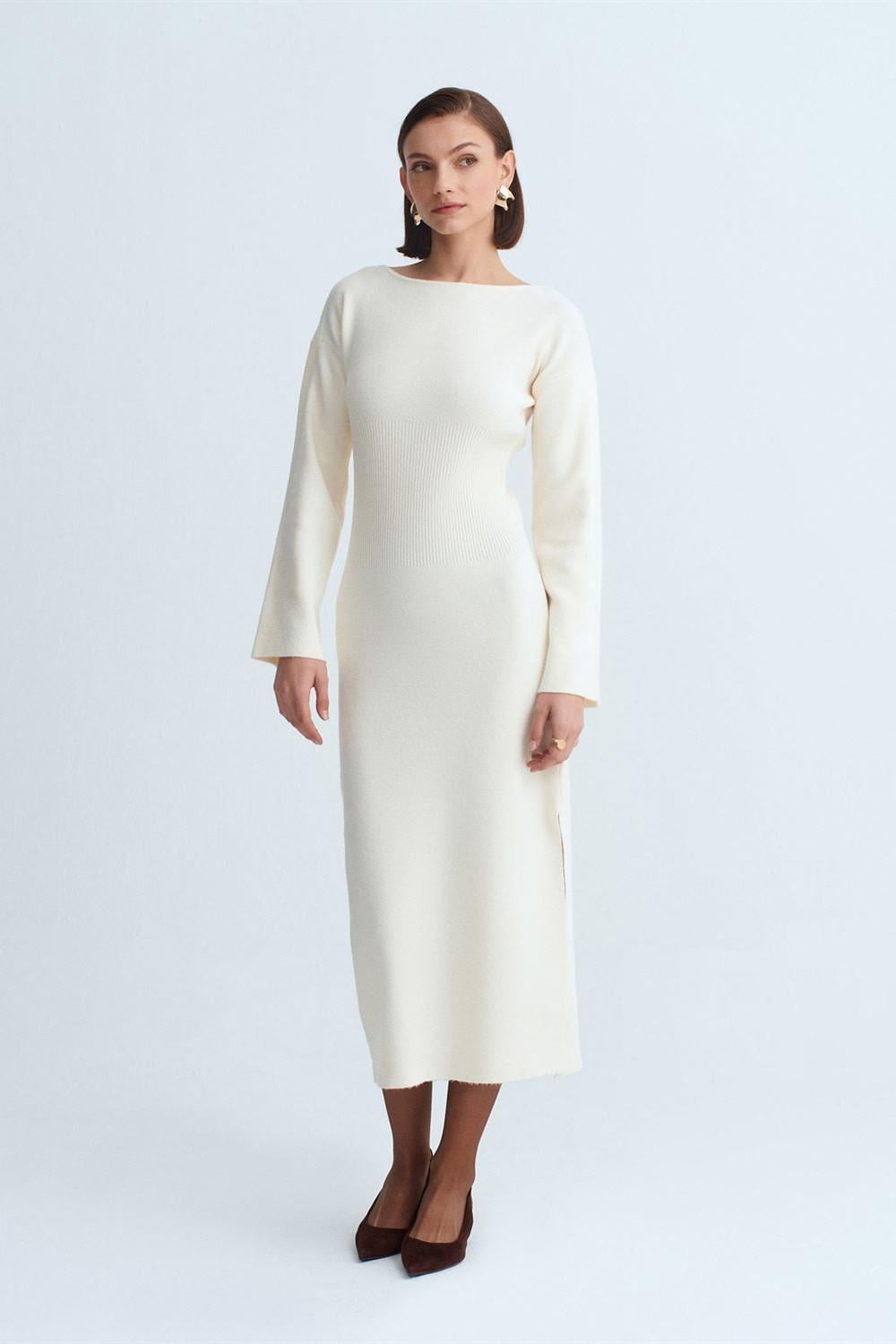 Kayık Yaka Yırtmaçlı Triko Elbise DL90267