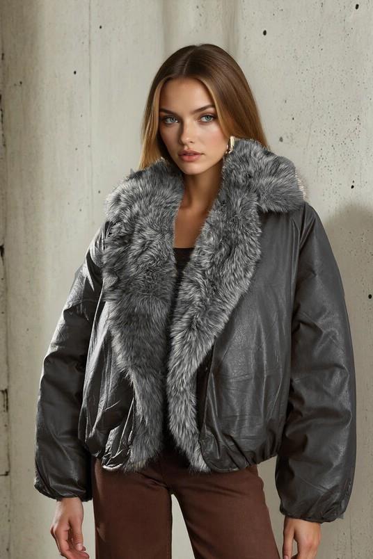 Yakası Kürklü Parlak Mont RB99777