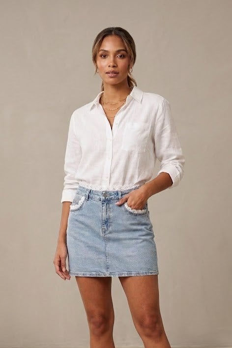 Bel ve Cep Dantel Detaylı Mini Kot Etek QS261036