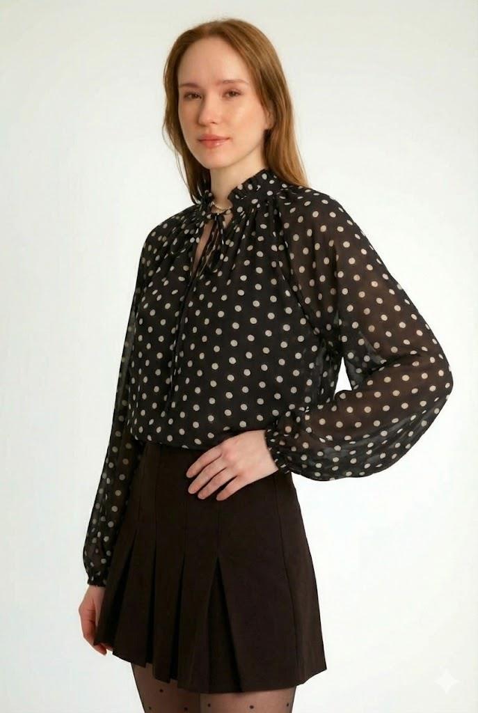 Yakası Bağlamalı Kolları Lastikli Şifon Bluz RB39301